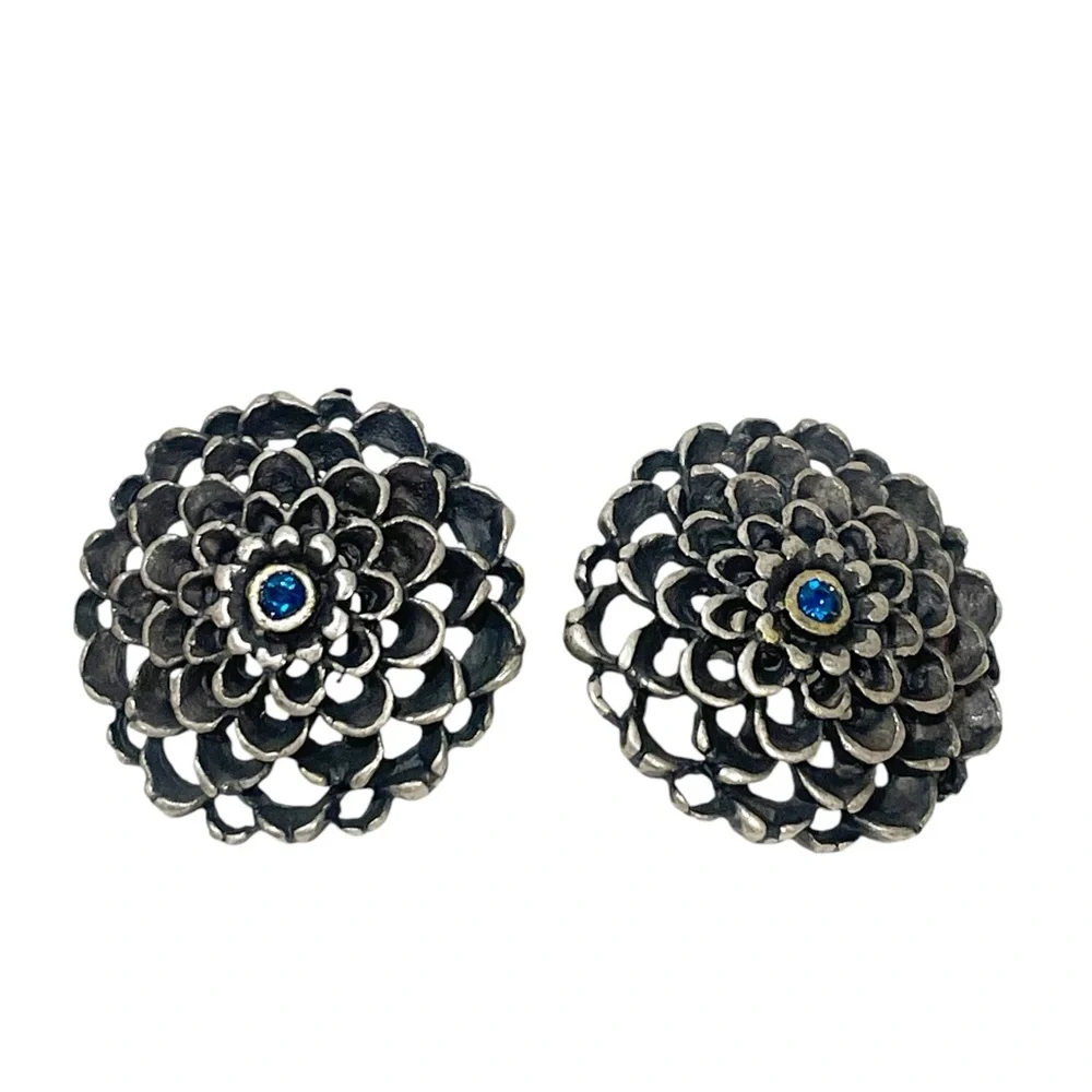 Silver Tone‎ Blue Stone Large Round Post Earrings